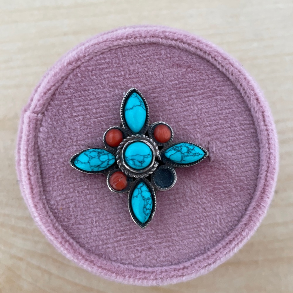 Silver, Coral and Turquoise Ring